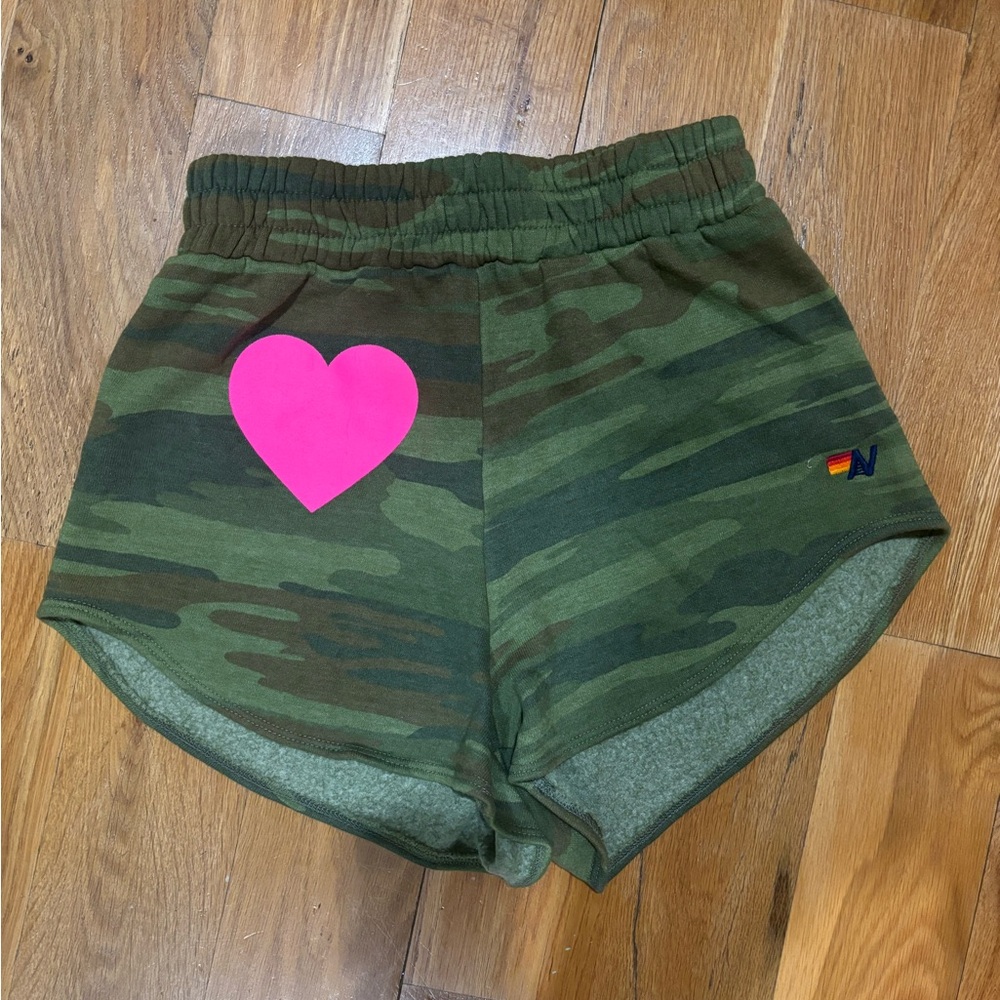 Aviator Nation Green Camo Shorts with Pink Heart